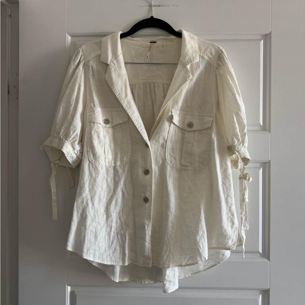 Free People Cream Button-Front Utility Blouse
